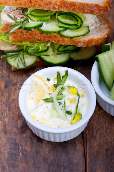 Stock photo: fresh vegetarian sandwich with garlic cheese dip salad