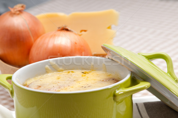 onion soup with melted cheese and bread on top Stock photo © keko64