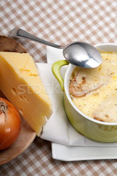 onion soup with melted cheese and bread on top Stock photo © keko64