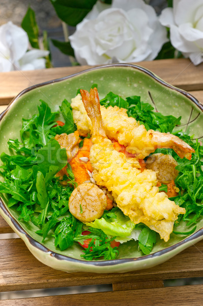 fresh Japanese tempura shrimps with salad Stock photo © keko64
