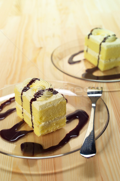 fresh cream cake closeup with chocolate sauce Stock photo © keko64