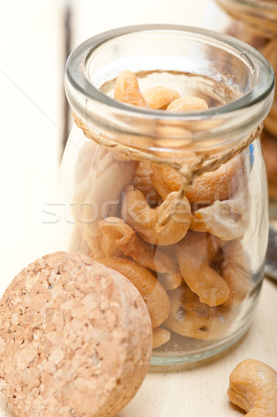 Stockfoto: Cachou · noten · glas · jar · witte · rustiek