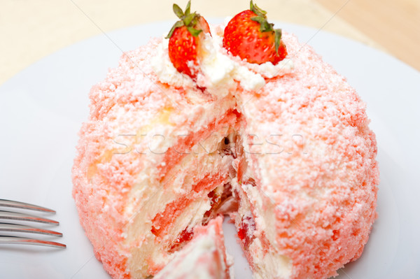 Stockfoto: Vers · aardbei · slagroom · dessert · roze · macro