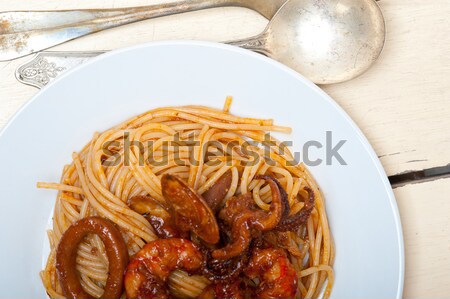 [[stock_photo]]: Italien · fruits · de · mer · spaghettis · pâtes · rouge · sauce · tomate