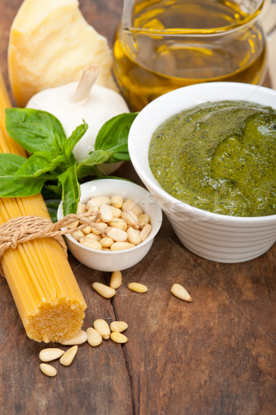 Stock photo: Italian traditional basil pesto pasta ingredients