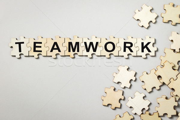 [[stock_photo]]: Pièces · de · puzzle · mot · travail · d'équipe · pièces · gris