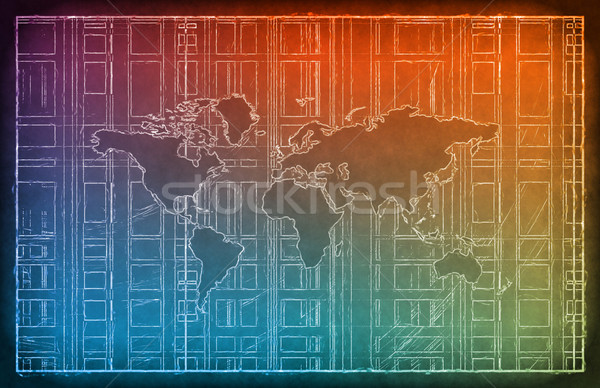 Wereldwijde business netwerk blauwdruk schets wereld achtergrond Stockfoto © kentoh