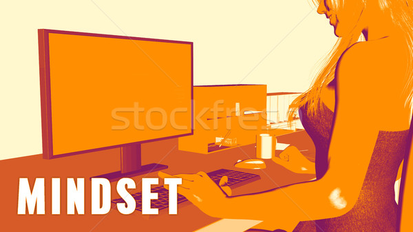 Gondolkodásmód nő néz számítógép üzlet osztályterem Stock fotó © kentoh