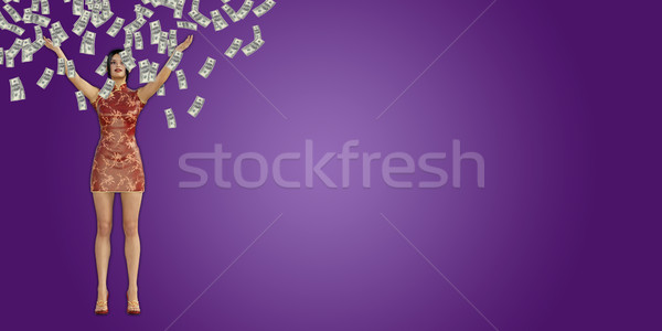 Stock photo: Asian Woman Catching Money Falling From the Sky