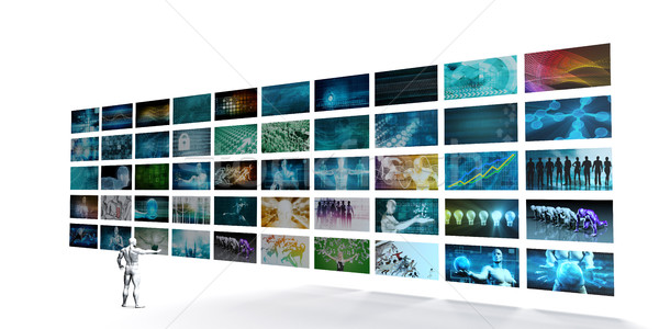 Videó fal férfi mutat képernyő szörfözik Stock fotó © kentoh