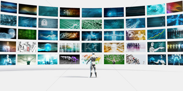 Stockfoto: Man · wijzend · videowall · muur · scherm