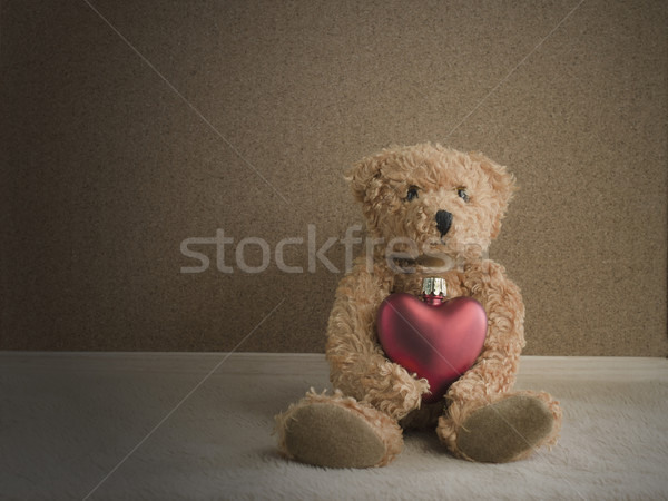Stockfoto: Teddybeer · vergadering · Rood · hart · weefsel · vintage