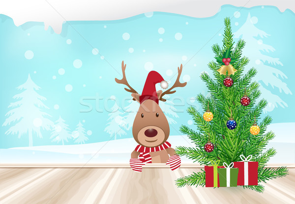Foto stock: árbol · de · navidad · ciervos · balcón · invierno · árbol