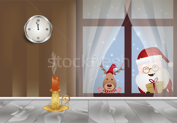 Christmas season Santa holding a gift box standing outside the window with deer Stock photo © Kheat