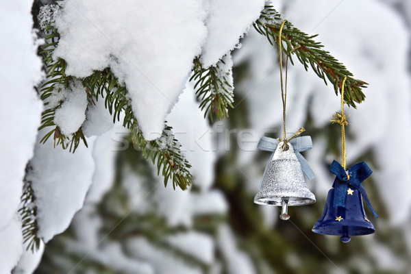 Foto stock: árbol · de · navidad · imagen · dos · pequeño · nieve · estrellas
