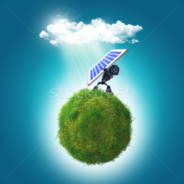 3D render of a robot holding a solar panel on a grassy glboe Stock photo © kjpargeter