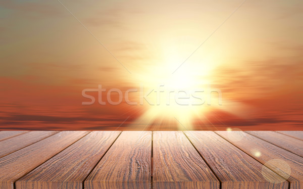 3D wooden table looking out to a sunset sky Stock photo © kjpargeter