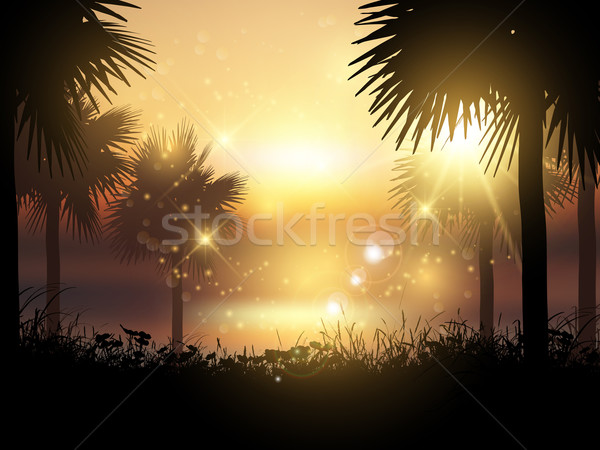 été paysage silhouettes palmiers coucher du soleil tropicales Photo stock © kjpargeter