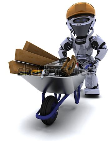 ストックフォト: ロボット · ビルダー · ホイール · レンガ · 3dのレンダリング