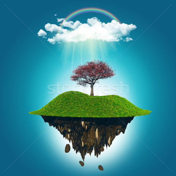 3D render of a floating island with a cherry tree, rainbow and r Stock photo © kjpargeter