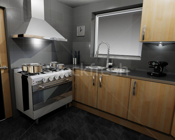 современный кухне 3d визуализации фон интерьер ретро Сток-фото © kjpargeter