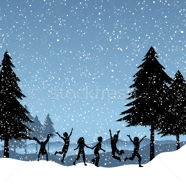 Copii joc siluete zăpadă copac abstract Imagine de stoc © kjpargeter