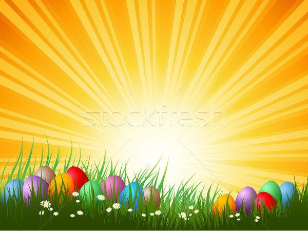 Húsvéti tojások fű napos idő húsvét virág tavasz Stock fotó © kjpargeter
