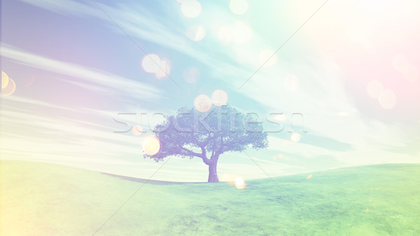 3D landscape with tree on green grass hills with retro effect Stock photo © kjpargeter