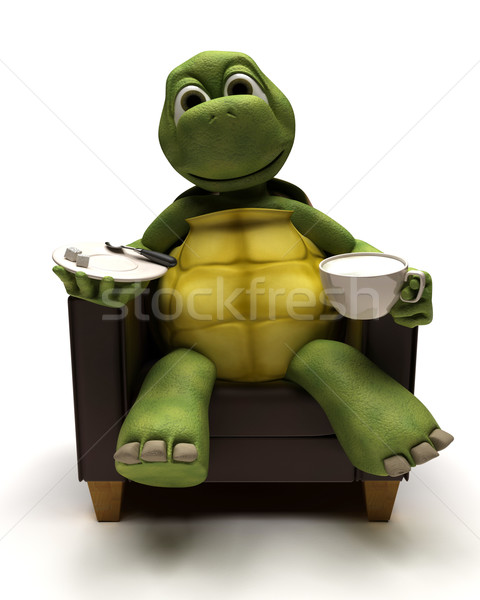 Stock photo: Tortoise relexing in armchair with a coffee
