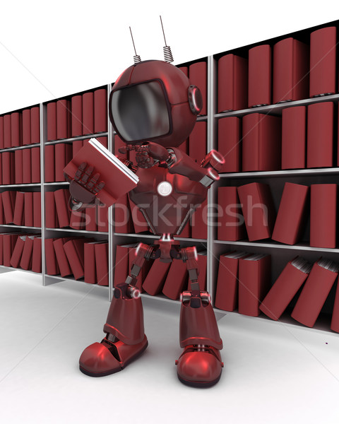 Foto stock: Andróide · prateleira · de · livros · 3d · render · escolas · educação · robô