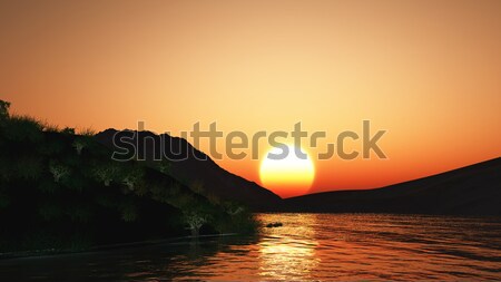 3D sunset landscape with hills and lake Stock photo © kjpargeter