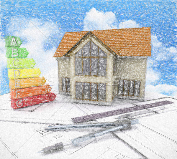 3D house on plans against a cloudy blue sky Stock photo © kjpargeter