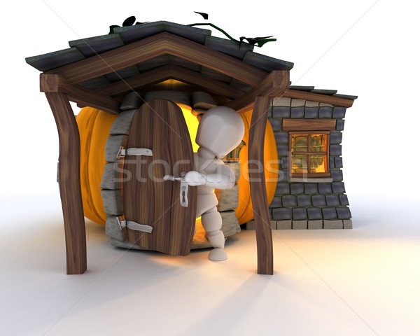 [[stock_photo]]: Homme · chalet · rendu · 3d · orange