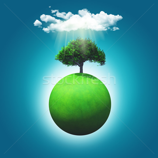 3d render grasbewachsenen Welt Baum Wolke Sonnenstrahlen Stock foto © kjpargeter