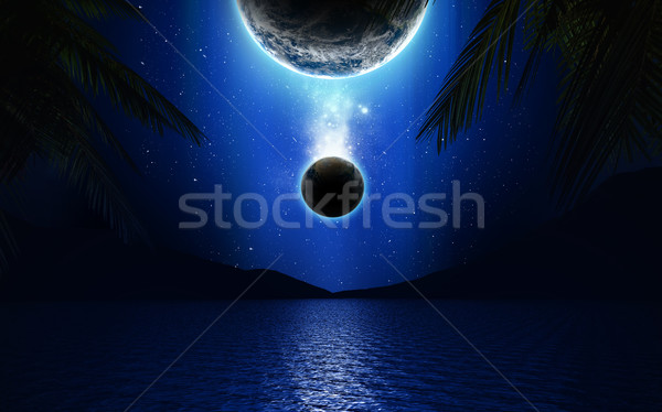 3D Science fiction landscape with planets over a lake Stock photo © kjpargeter