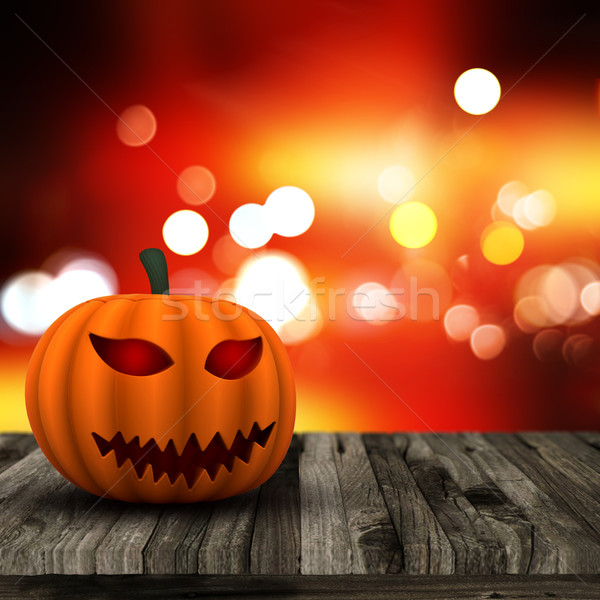 Stockfoto: 3D · houten · tafel · halloween · pompoen · bokeh