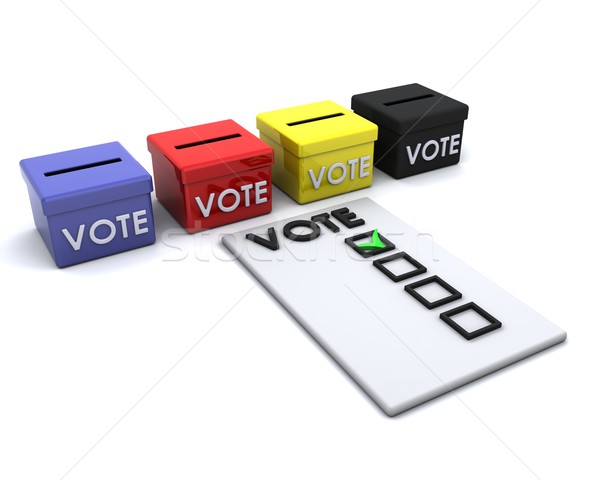 Foto stock: Eleição · dia · cédula · caixa · 3d · render · caixas
