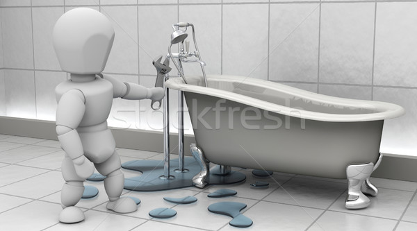 [[stock_photo]]: Plombier · fuite · rendu · 3d · homme · salle · de · bain
