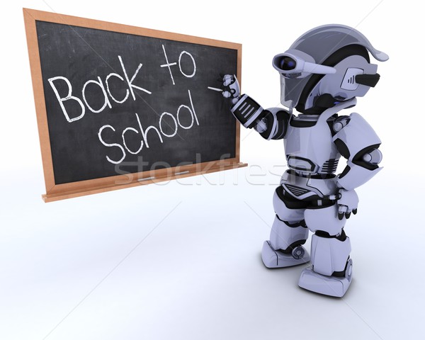 Foto stock: Robot · escuela · tiza · bordo · volver · a · la · escuela · 3d