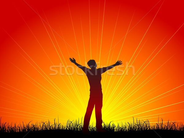 поклонения силуэта человека оружия небе трава Сток-фото © kjpargeter