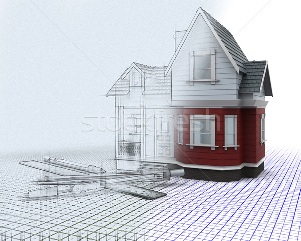 Stock photo: £d timber house on a grid with drawing instruments with half sk