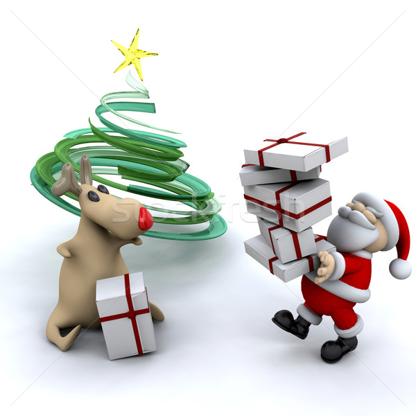 聖誕老人 馴鹿 禮品 樹 雪 禮物 商業照片 © kjpargeter