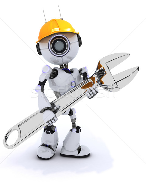 Foto stock: Robô · construtor · chave · inglesa · 3d · render · homem · construção