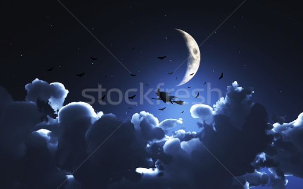 Halloween heks vliegen hemel 3D afbeelding Stockfoto © kjpargeter