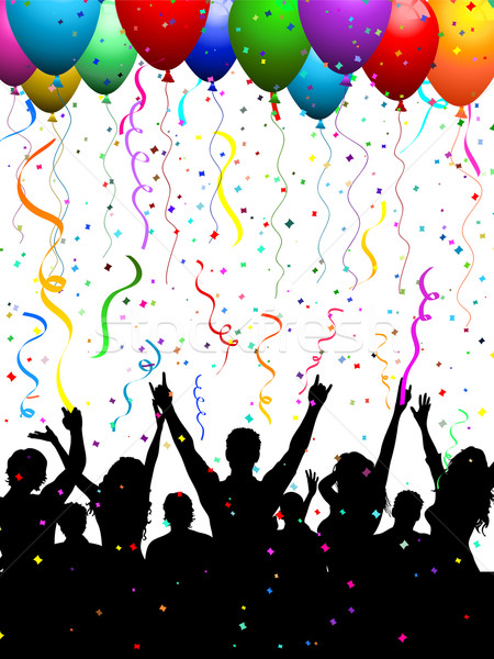 Foto stock: Festa · multidão · balões · silhueta · confete · menina