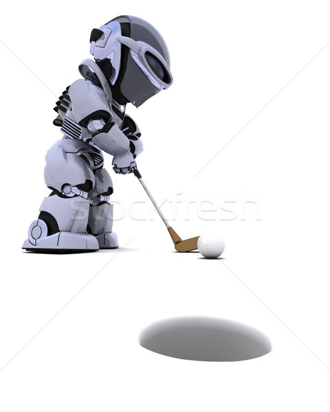 [[stock_photo]]: Robot · club · jouer · golf · rendu · 3d · balle