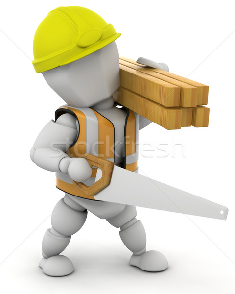 Stock fotó: építőmunkás · 3d · render · férfi · hordoz · fa · munka