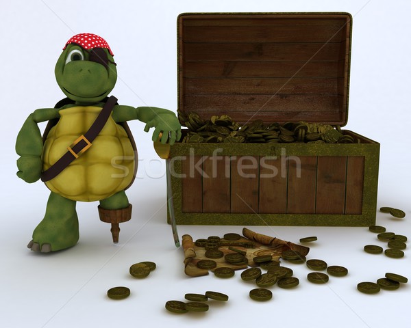 Schildpad piraat schatkist 3d render water kaart Stockfoto © kjpargeter