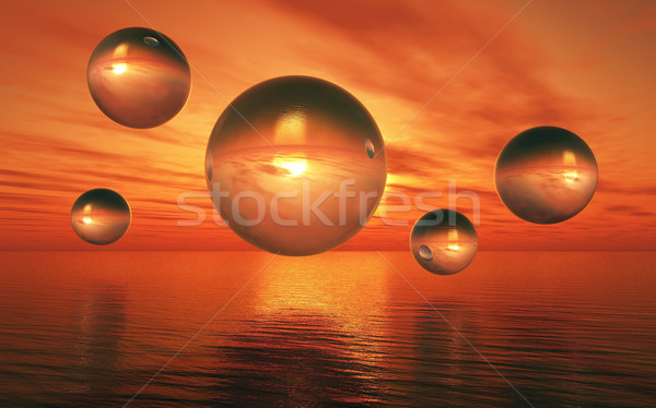 3D surreal landscape with glass spheres over sea Stock photo © kjpargeter