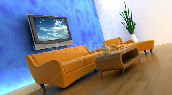 3d render kanapé tv televízió fal ház Stock fotó © kjpargeter
